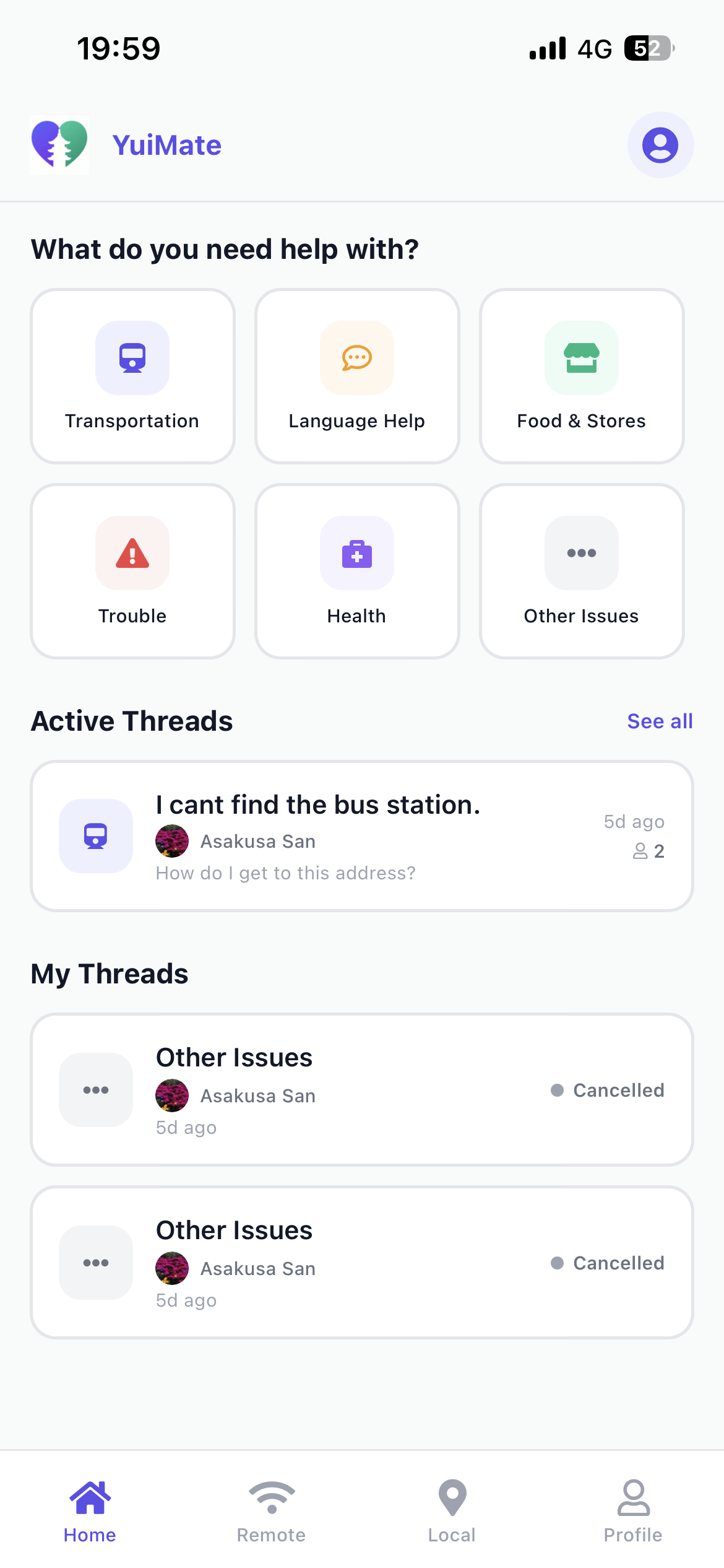 Home screen with active threads